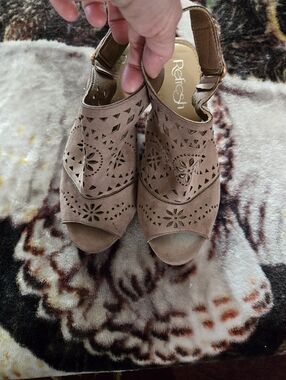 Refresh Taupe Laser-Cut Peep-Toe Slingback Wedges